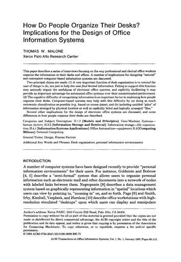 Institutt for Informatikk How Do People Organize Their Desks? Implications for the Design of Office Information Systems THOMAS W.