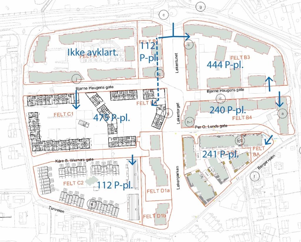 Status i Skårer syd-området Planlagt / bygget iht norm Felt Utbygger Antall boliger P i kjeller Gate-P Sum P A Sindre Eiend Anslag 400 500 500 B1 JM 103 112 112 B2 USBL/ PEAB 64 80 80 B3 JM 373 444