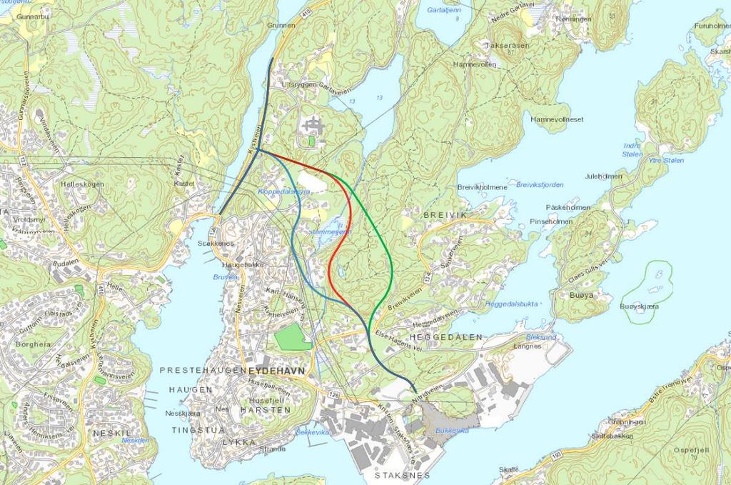 Kart som viser de tre ulike alternative traséene: alternativ A grønn linje, alternativ B rød linje, alternativ C blå linje Generelt om utbyggingens påvirkning av landskapsbildet: Generelt vil et