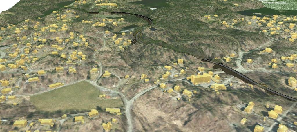 Bilde fra modell viser oversiktsbilde av alternativ B (rød linje), sett fra sør mot nord.