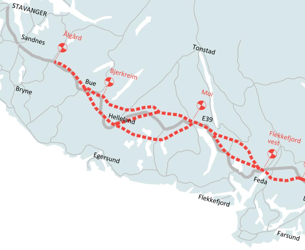 E39 Lyngdal Ålgård (ca. 97 km) Statlig plan i regi Statens vegvesen. Planlegges for firefelts vei med fartsgrense 110 km/t.