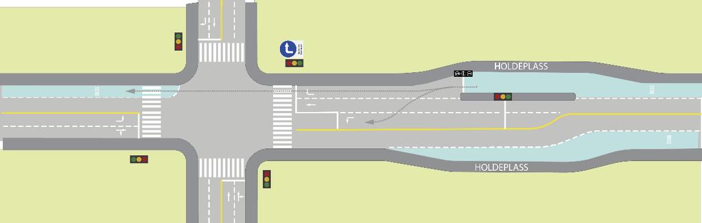 X-kryss Tilfartskontroll inn mot signalregulert kryss Buss køyrer frå austre akse til sørleg akse eller rett fram Signalregulert tilfartskontroll gjer at bussen har fri veg ut av haldeplassen og inn