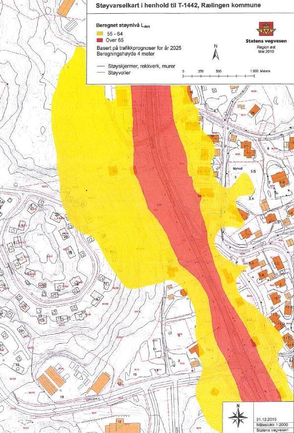 7 2.8 Støy I henhold til støysonekart utarbeidet av Statens Vegvesen i mai 2010 ser det ut til at deler av planområdet ligger i gul sone, mens området nærmest Nedre Rælingsveg ligger i rød sone.