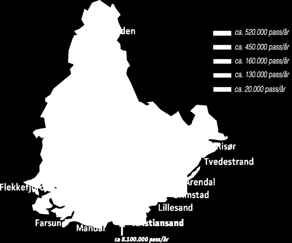3.9 Kollektivtrafikk Kilde: Agder Kollektivtrafikk AS Både Kristiansandsregionen og Arendalsregionen ligger lavere enn landsgjennomsnittet på daglige reiser med kollektivtransport.