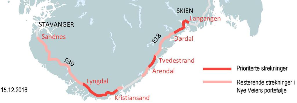3.1 Vei Kilde: Nye Veier AS Agder er avhengig et velfungerende veinett. E18/E39 binder landsdelen sammen og er den viktigste forbindelsen fra Agder mot henholdsvis Oslo og Stavanger. Sammen med Rv.