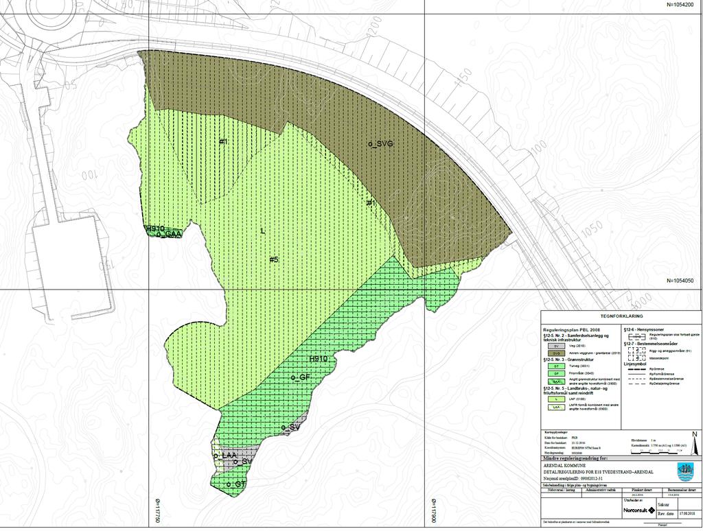 Endring av reguleringsplanens plankart Figur 5 Endret plankart for området Endringer i reguleringsplanens bestemmelser Det foreslås et tillegg til reguleringsbestemmelsene for reguleringsplan for E18