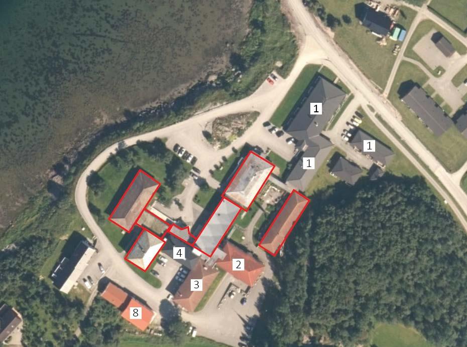 Følgende bygg vil rives, se bygg markert i rødt under. Figur 7 Bygg i rødt blir revet, demensavdelingen (2) og kontorene over biblioteket (4) vil bli ny plassering for administrasjonsfunksjoner.