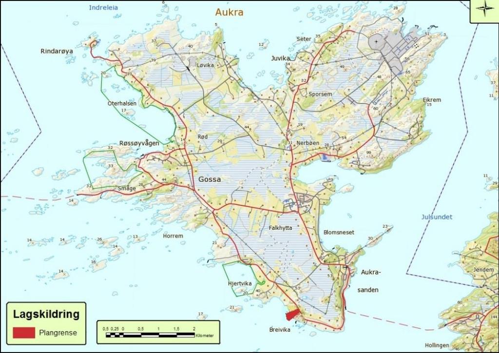 3. Området Planområdet er om lag 72,3 daa og ligger på gbnr. 2/6 Breivik Indre på sørvestsiden av Gossen i Aukra kommune.