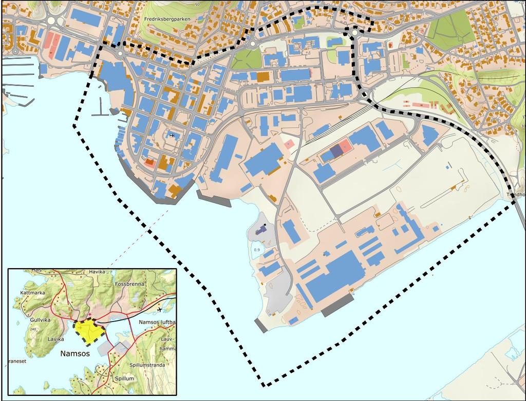4 2. BESKRIVELSE AV PLANOMRÅDET 2.1 Områdets beliggenhet Planområdet omfatter området langs sjøen fra Storsentret til Kiskaia. Østre byområde til og med uregulert industriområde Moelven Van Severen.