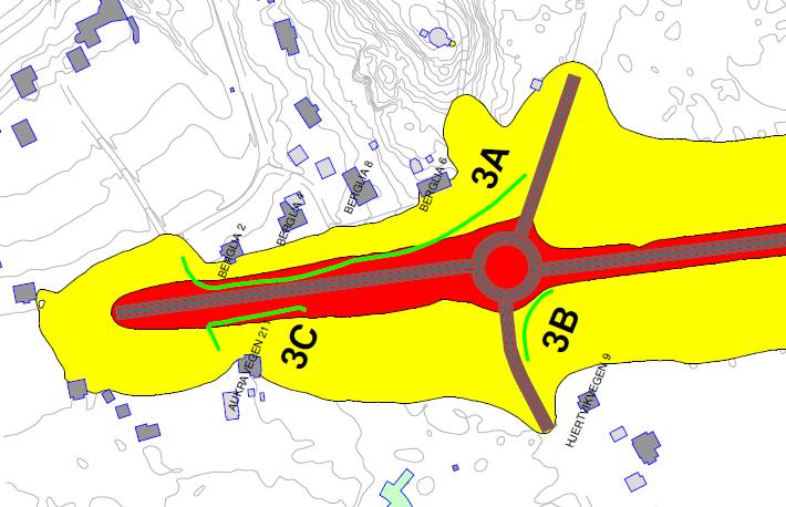 50 (56) PLANBESKRIVELSE Figur 40 Støysonekart iht. T-1442 over Hukkelberget med beregningshøyde 4 meter over terreng med skjerming.