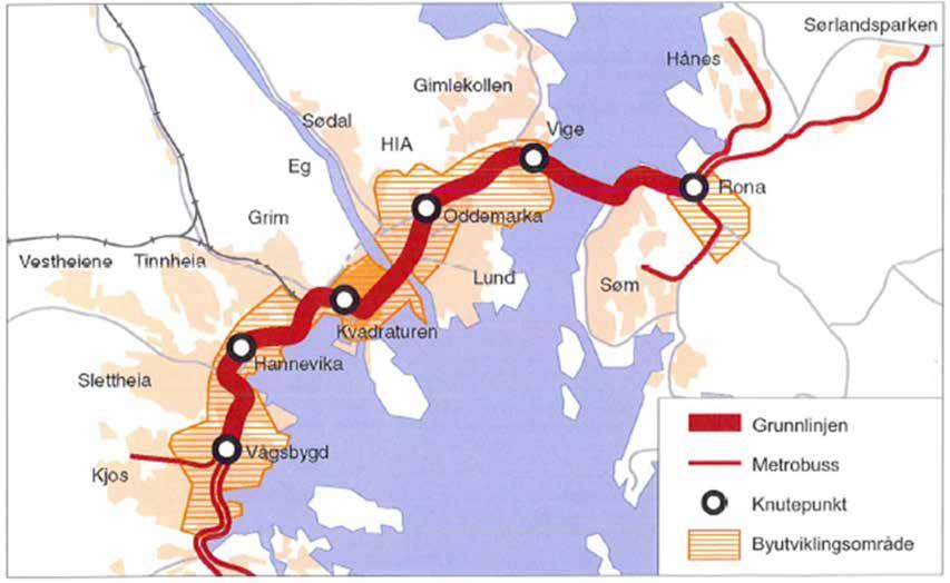 Bussmetroprinsippet. Bussmetroprinsippet består av tre elementer: 1. Grunnlinjen. Bussens hovedtrasé der alle bussene kjører. På denne traseen prioriteres fremkommelighet for bussene.