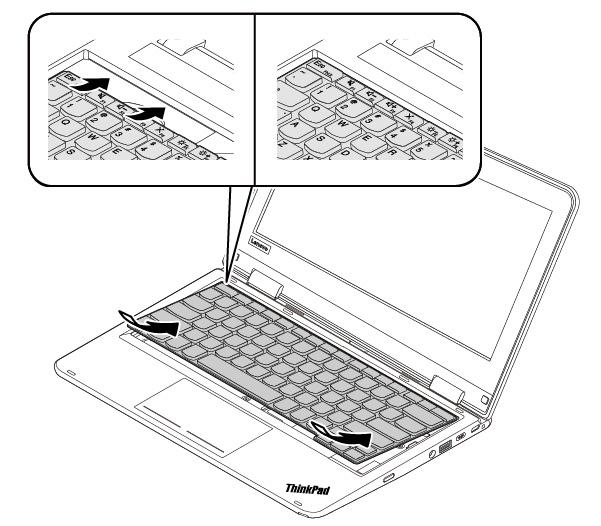 2. Sett inn tastaturet som vist. Pass på at den fremre kanten på tastaturet (kanten nær skjermen) er under tastaturholderen.