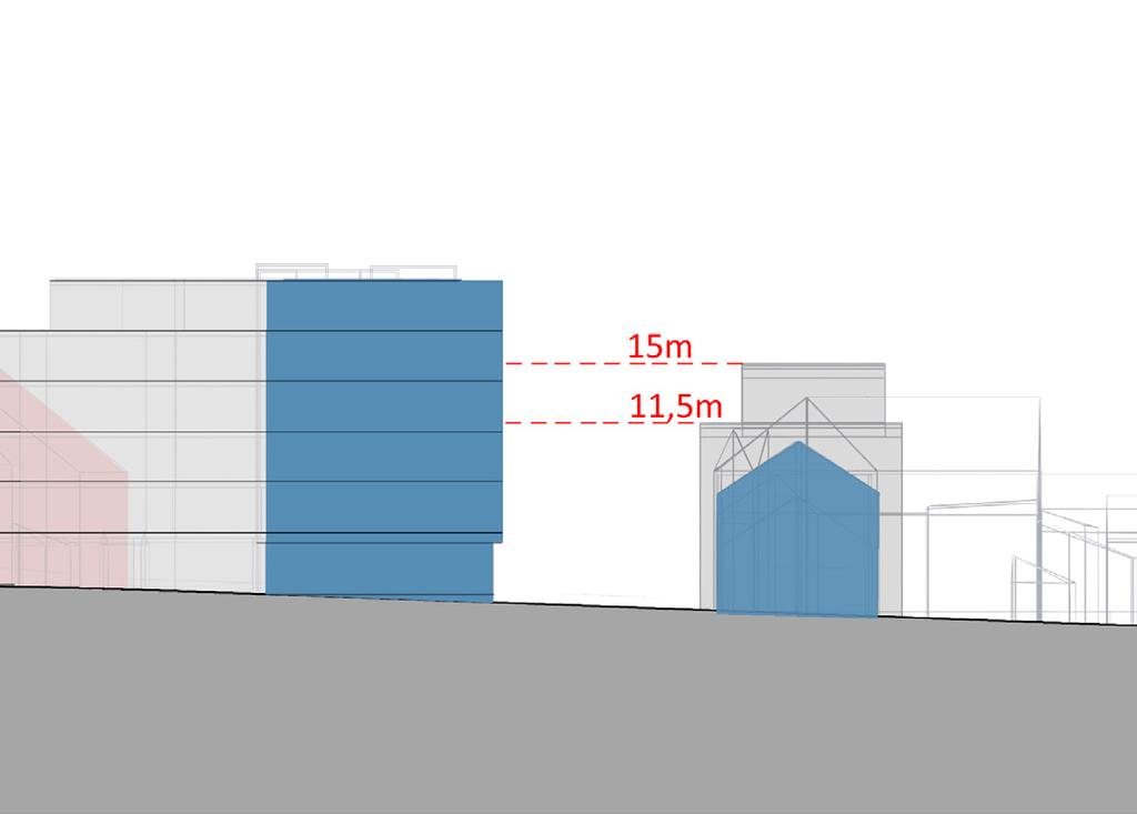 Kirkegata Høyder/Snitt: Mot Kirkegata - nye høyder generelt: - Gjeldende sentrumsplan (under revisjon) har en vedtatt gesimshøyde på 11,5 m, og en mønehøyde på 15 m som er markert i snittene (i