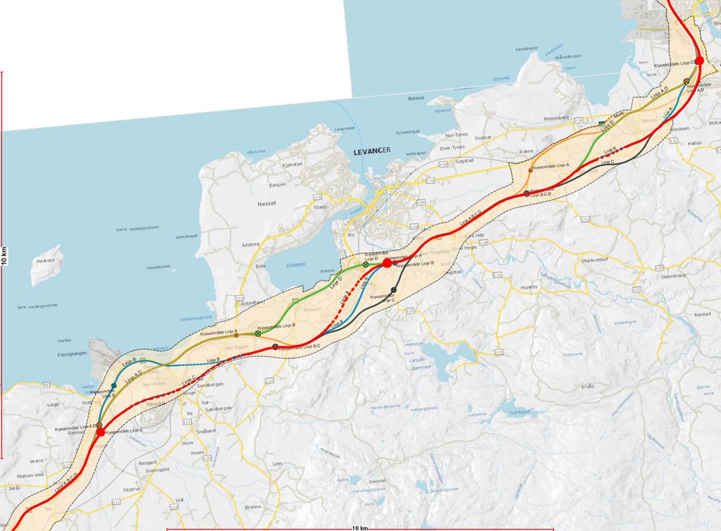 Levanger kommune - Arealforvaltning Side 12 av 15 Anbefalt linje vist i rødt med kryss som røde prikksymbol Planprosess Medvirkning I forkant av arbeidet med planprogrammet høsten 2015, ble det