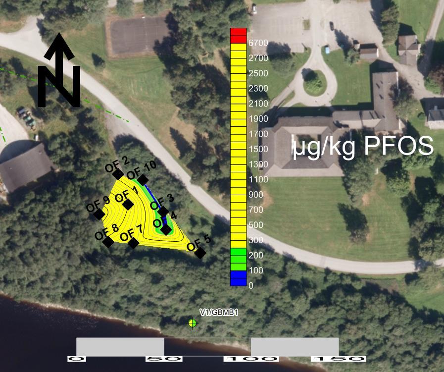 Figur 7-6 viser interpolering av PFOS for hele jordprofilet (begge lag slått sammen). Interpoleringen er basert på gjennomsnittskonsentrasjoner i hvert prøvepunkt nedover i jordprofilet. Figur 7-6.