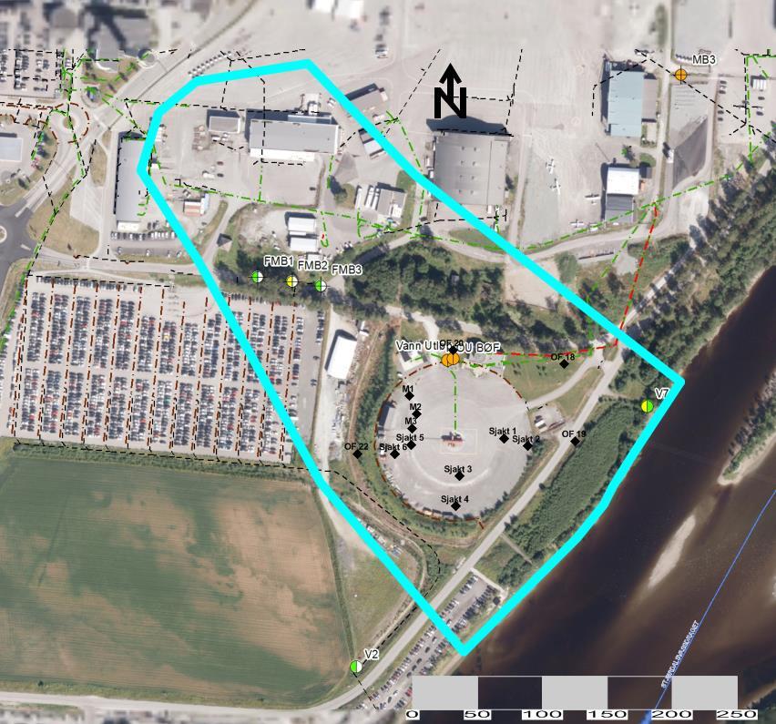 Det er tre grunnvannsbrønner ca. 150 meter nordvest for feltet som ligger i samme nedbørsfelt (FMB1, FMB2 og FMB3), Figur 7-9. FMB2 har påvist PFOS med konsentrasjon 19,1 ng/l.