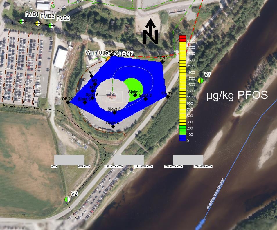 Figur 7-9. Viser interpolert PFOS-konsentrasjon i jord på og rundt BØF-2 for dybde 0-1 meter under terreng.