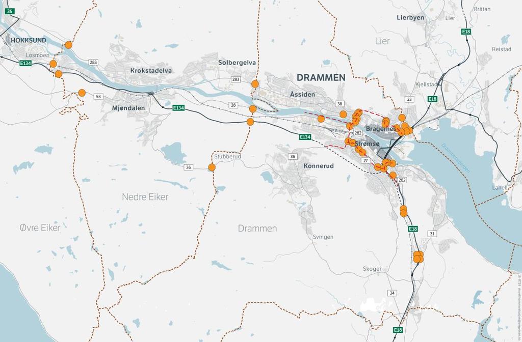 Figur 3-1 Oversiktkart over forslag til bomsystem A «Bommer på dagens kommunegrenser og bynært snitt i Drammen».