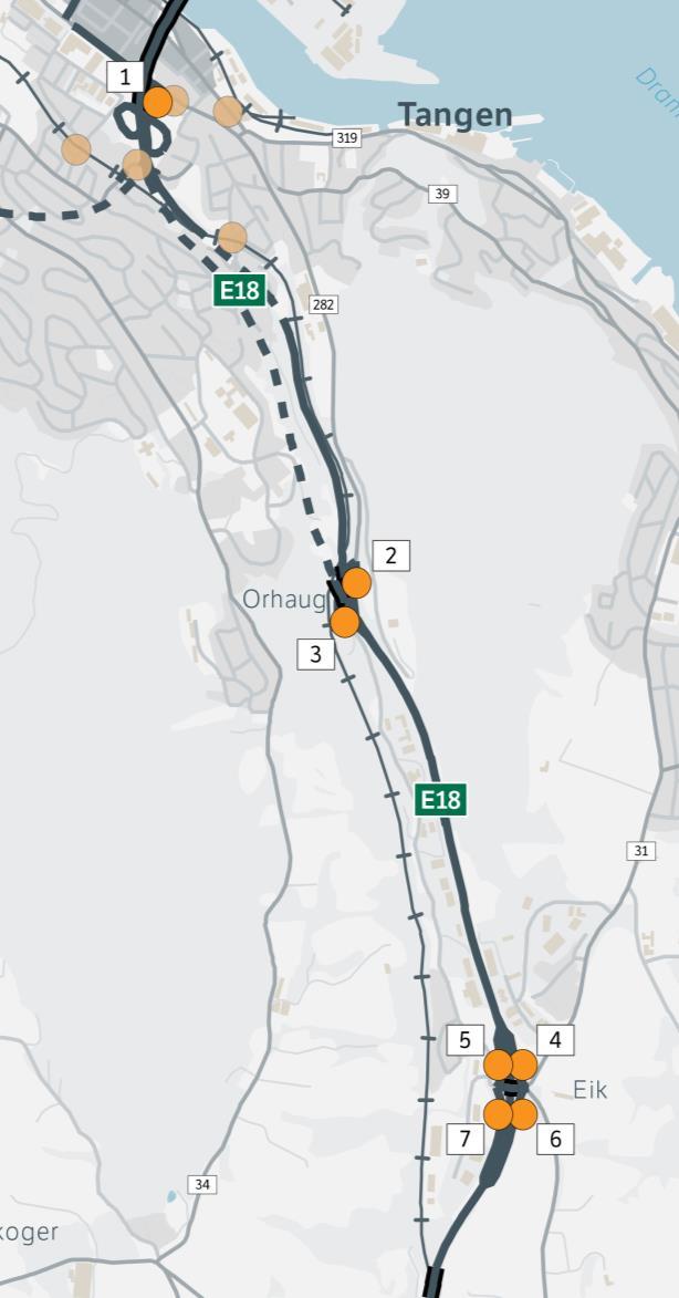 Nr Veg 1 E18 Bangeløkka 2 3 E18 Kobbervikdalen, avrampe fra Vestfold E18 Kobbervikdalen, pårampe mot Vestfold 4 E18 Eikkrysset, pårampe mot Oslo 5 E18 Eikkrysset, avrampe fra Oslo 6 E18 Eikkrysset,