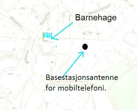 6. Måleresultater. Figuren nedenfor viser barnehagen og basestasjonsantennen for mobiltelefoni på taket av Skøyen skole. Telenor leverer mobiltjenesten UMTS via antennen.