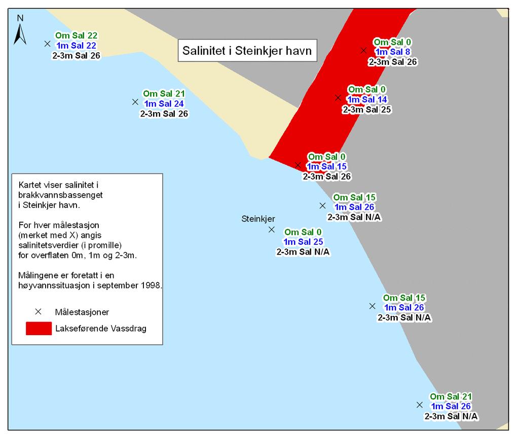 Figur 2. Resultat over salinitetsmålinger i havneområdet og nærliggende områder til Steinkjer havn i lavvannsog høyvannssituasjon den 8/7-1998.