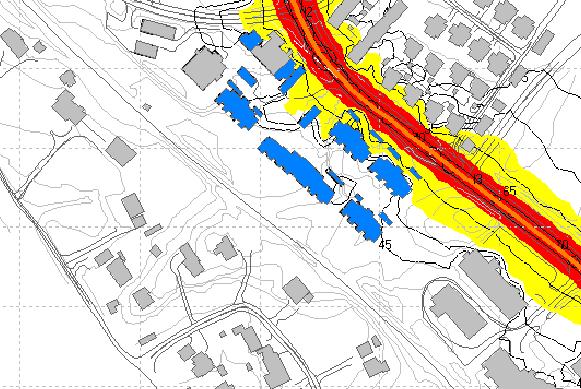 Ekvivalent lydnivå fra vegtrafikk Støysoner i 4 m høyde Ekvivalent lydnivå fra vegtrafikk Støysoner i 1,5 m høyde STØYSONEKART Rød støysone Gul støysone Område: Furubergjordet Nytt bygg Veg Kommune:
