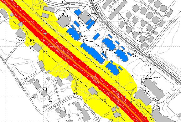 Ekvivalent lydnivå fra jernbanetrafikk Støysoner i 4 m høyde Ekvivalent lydnivå fra jernbanetrafikk Støysoner i 1,5 m høyde STØYSONEKART