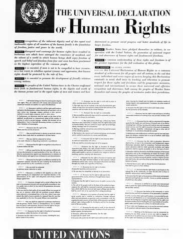 Verdserklæringa om menneskerettar Det første dokumentet som listar ut menneskerettar som statar må respektere Det er 30 grunnleggande rettar i erklæringa Alle menneske er fødd frie og like Vaksne har