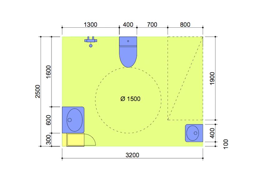 m x 1,9 m Betjeningsareal Tegnforklaring Gulvflate Veggfast innredning Plassering av sanitærutstyr Betjeningsareal og fri sideplass ved servant