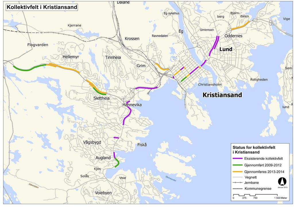 1. Krav og måloppnåelse Belønningsmidler bidrar til at det bygges et nett av kollektivfelt i Kristiansand. Kart: Statenes vegvesen v/ Nina Ambro Knutsen. 1.