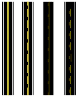 Langsgående linjer karakteriseres av linjelengde (A), linjeåpning (B), linjebredde (C) og linjeavstand (C) VEGOPPMERKINGSSYSTEMET (Tabell 3.