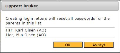 Marker navnet på barnet/barna, hvis foresatte skal få generert brukernavn og passord. Trykk Opprett bruker Trykk OK for å opprette brukernavn og passord NB!