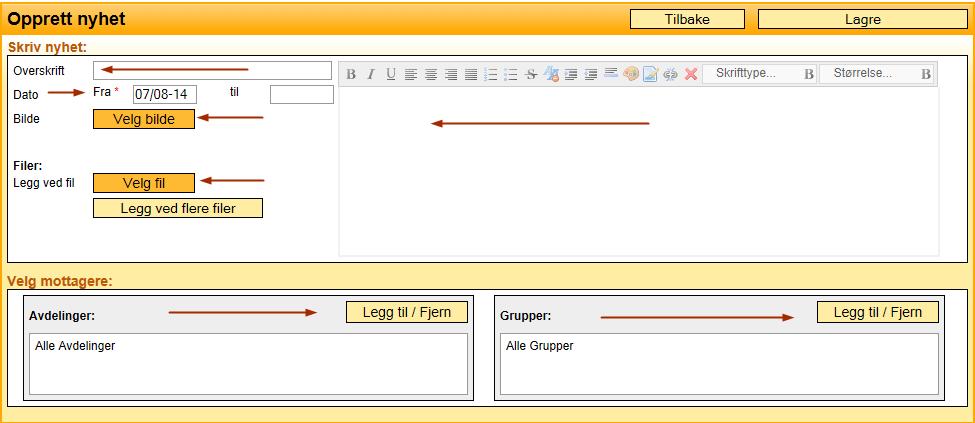 vedlegg/dokument Skriv inn ønsket nyhetsinnhold Velg mottakere Trykk Lagre