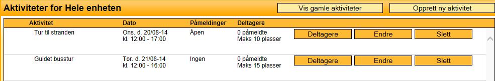 I menyvalget Aktiviteter vises alle aktiviteter samlet, både de som krever påmelding, samt de som ikke krever påmelding. Det er kun personalet som kan avregistrere / fjerne påmelding til en aktivitet.