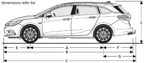 Tekniske spesifikasjoner, Dimensjoner (i mm) Akselavstand A 2 662 Lengde B 4 702 Lengde med tilhengerfeste C 4 804 Overheng foran E 960 Overheng bak F 1 080 Overheng bak med tilhengerfeste G 1 182