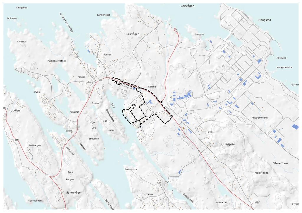 3 Omtale av planområdet Planområdet ligg på Kaland, like ved avkøyring til ferjeleiet Leirvåg og avkøyring til Mongstad industriområde. Planområdet er om lag 322 daa.