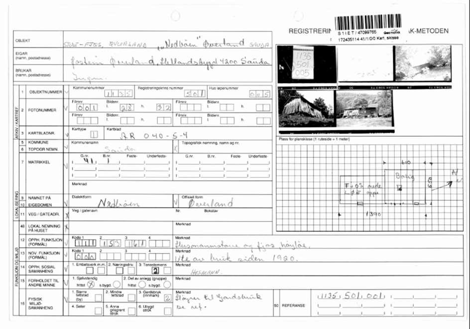 Døme på materiale frå SEFRAK-registreringa: Første sida av registreringsskjemaet for husmannsplassen Nedbøen på Øverland. Registrert av Brita Espevik i juni 1992.