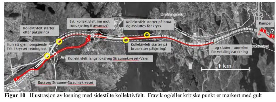 Figur med utsnitt fra omsøkt løsning (I østgående retning fra Straume) kjører bussene ned rampen til den nye hovedvegen.