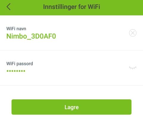 Innstillinger Innstillinger for WiFi Her kan du endre navnet og passordet på det trådløse nettverket til iiglo Nimbo. Endre navn og passord(*) og trykk Lagre.