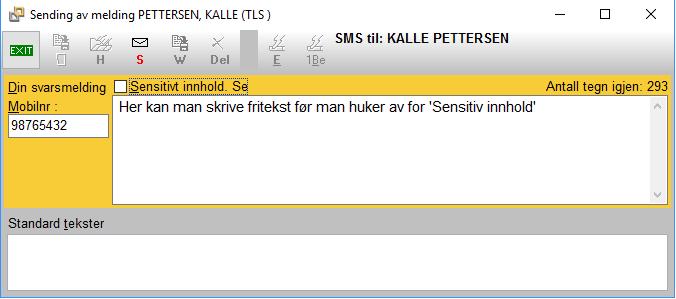 PasientPost 13 Skriv inn fritekst og huk av for 'Sensitiv innhold' for å merke meldingen som PasientPost. I vinduet over ser du at antall tegn som er igjen er 293 (kun eksempel).