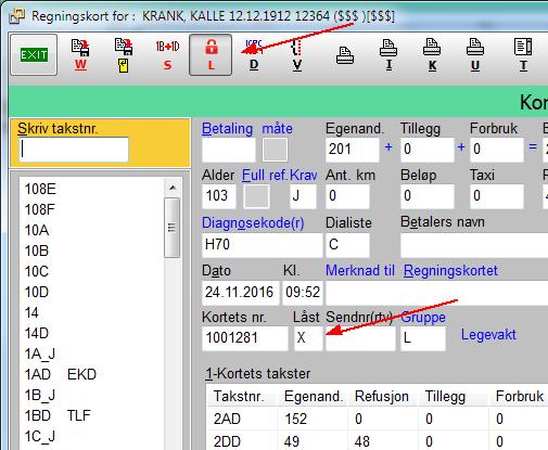 Låse ubetalte regningskort for Dagsoppgjør 15 Dette kan gjøres på to steder i programmet, inne på selve regningskort og under Pasientregnskap fra Startmenyen i det man skal kjøre Dagsoppgjør. 4.