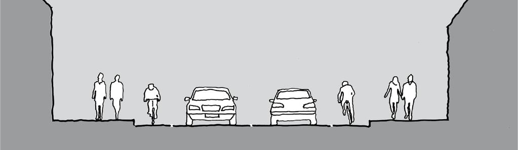 21 Sykkelfelt kan være ensidig der det tillates sykling mot envegsregulering Sykling mot kjøreretningen i envegsregulerte gater er omtalt i kapittel D.2.4. Figur B.5: 2-felts gate med sykkelfelt B.3.
