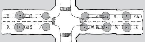 28 Figur B.20: Eksempel på kryss mellom 2-felts gate og gate med langsgående parkering Utforming av kryss med tilrettelegging for syklende er vist i håndbok V122 Sykkelhåndboka [14].