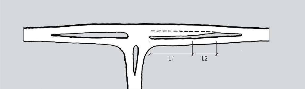 53 Figur D.4: Utforming av venstresvingefelt Lengden L1 skal beregnes ut fra beregningsmodell for venstresvingefelt. Lengden av L2 bør være i henhold til Tabell D.