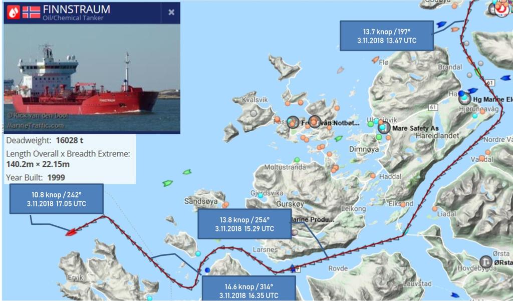 Drivstoff, tid og CO 2 -utslepp for ein kjemikalietankar Kjemikalietankaren Finnstraum seglar sørover frå Vartdalsfjorden rundt Stad og