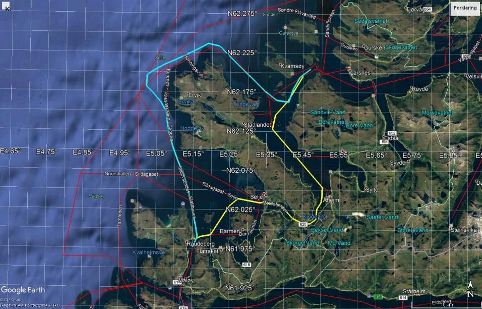 Alternativ seglas gjennom Stad skipstunnel: Kortare distanse, lik tid, redusert forbruk og reduserte miljø-utslepp. Finnstraum 3.