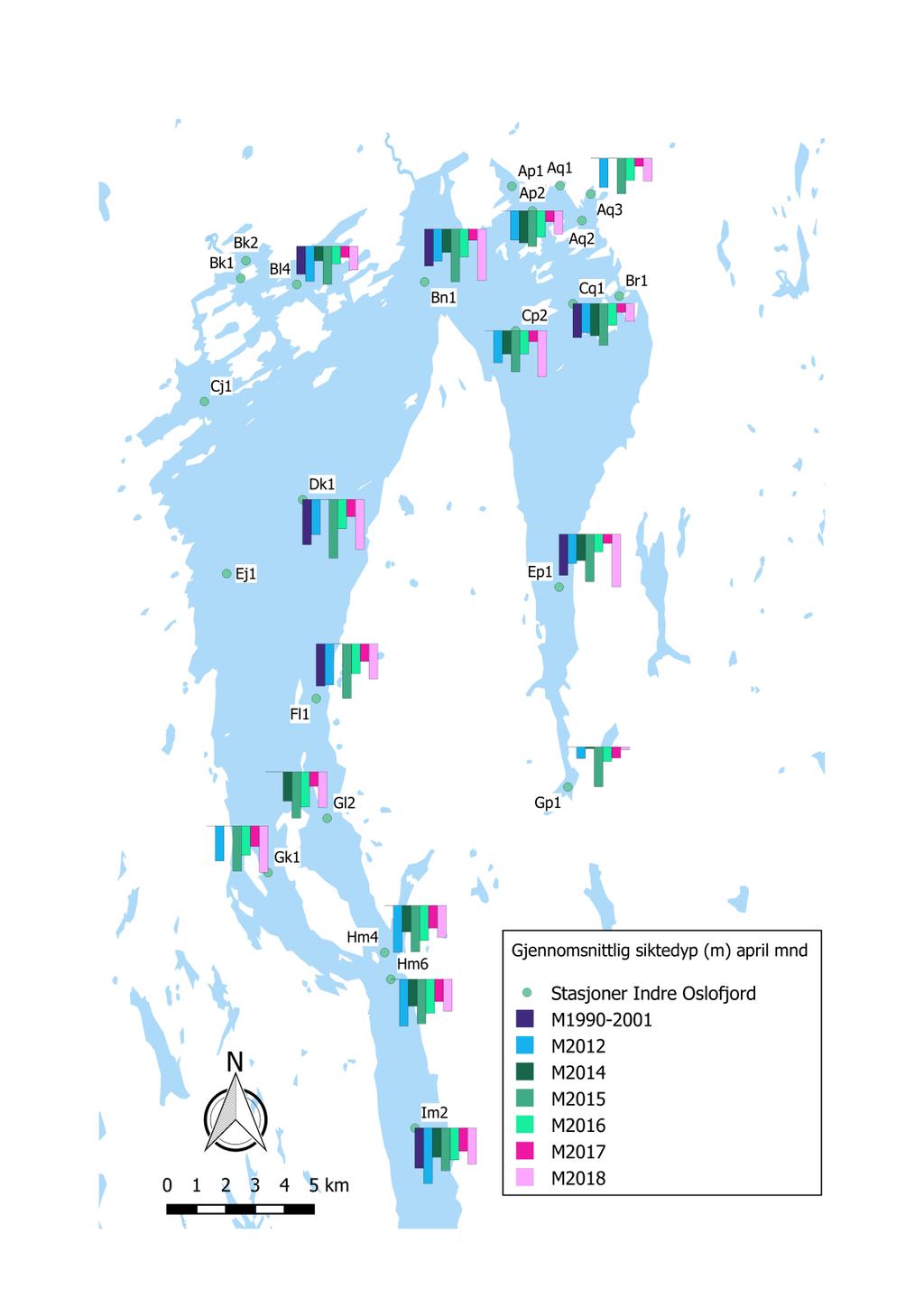 Siktedypmålinger for april måned i 2018 og foregående år Plottede data på kart viser gjennomsnittlige april-målinger ved utvalgte stasjoner i Indre Oslofjord (for de siste fem år).