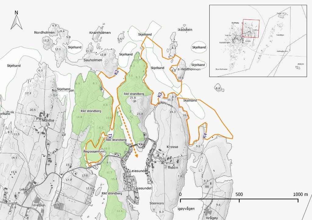 Figur 6 Oversiktsbilde over nordøstre Kvitsøy. Områder undersøkt er innrammet i oransje (navngitt K1-K4).