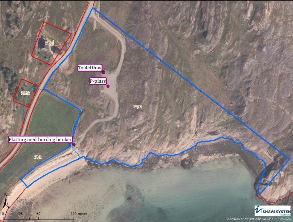 Figur 2. Flybilde viser eiendomsgrense for Gnr/Bnr 71/13 (blå omriss) som utgjør det statlig sikrede friluftsområdet Sandvika.