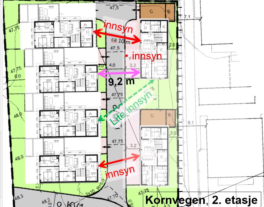 Figur 5: Same situasjon som figur 4 men for 2. etasje. Innsyn mellom barne-/soverom til venstre og loftsstove til høgre. Avstand ca 10 m. I andre etasje er det ope luftrom mellom fasadane.